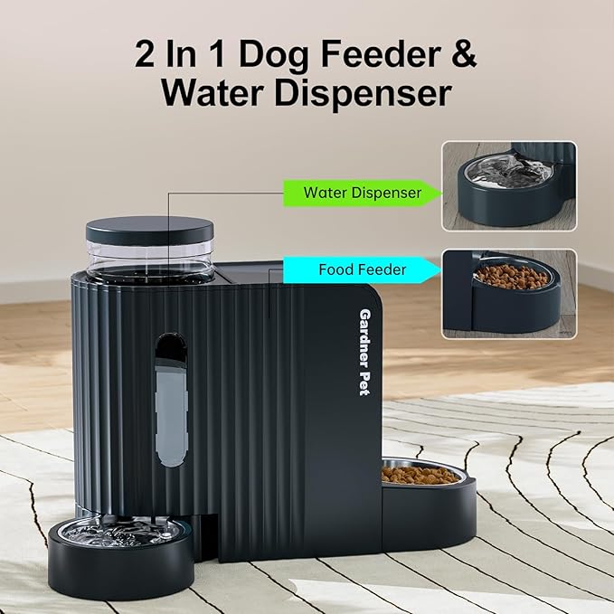 Gardner Pet Automatic Gravity Food Feeder and Water Dispenser, 1.8 Gallons*2 Stainless Steel Two-in-One Set Large Capacity Dispenser for Pets Dogs, Puppies, Kittens (Dark Blue)-Mewly Pet