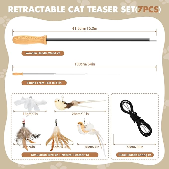 ROSAUI Cat Teaser Wand Toys, Interactive Bird Toy for Indoor Kittens, 53.15’’ Long Cat Fishing Pole Toys, 2X Wires and 5X Natural Refills, Sustainable Wooden Handles, Exercising, Playing-Mewly Pet