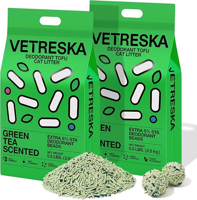 VETRESKA Tofu Cat Litter,Natural Kitty Litter Strong Clumping Flushable Cat Litter Pellets Ultra Absorbent,Odor Control,Dust-Free,Low Tracking Eco-Friendly Tofu Litter,Greentea(5.5lb×2bags)-Mewly Pet