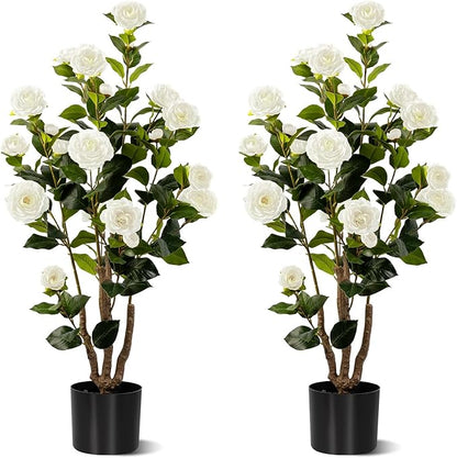 Artificial Camellia Tree 2 Pack, Artificial Plants Outdoor Faux Floral Plant in Cement Pot Fake White Silk Camellia Tree Plants for Home House Living Room Office Decor (White)