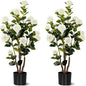 Artificial Camellia Tree 2 Pack, Artificial Plants Outdoor Faux Floral Plant in Cement Pot Fake White Silk Camellia Tree Plants for Home House Living Room Office Decor (White)