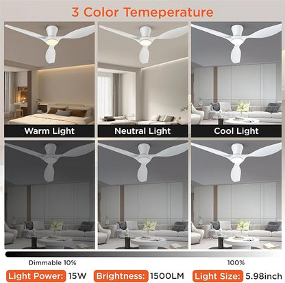 TALOYA 52 inch Smart Ceiling Fan,Low Profile Ceiling Fan with Light and Remote/App Control,Flush Mount, Quiet Reversible Motor for Living Room Bedroom Patio White