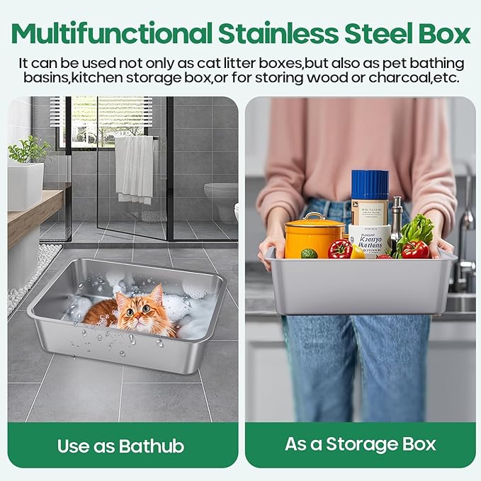 Stainless Steel Cat Litter Box,Metal Kitten Litter Pan, High Side Cats Toilet Indoor Litter Tray Pet Toilet Supplies for Cats, Kitty,Rabbits, Easy Clean, Non Stick Litter Box, No Smell