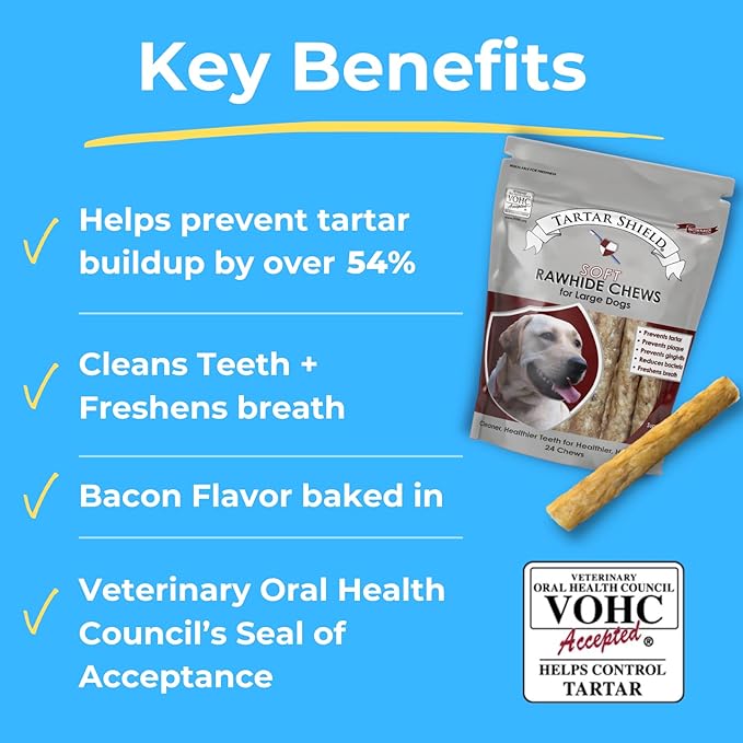 Tartar Shield Soft Rawhide Chews | Safe Dental Treats for Large Dogs | Vet VOHC Approved | Daily Bone Cleans Teeth & Gums Fresh Breath Oral Health Support | USA Made | (Large Dogs / 8 Count)-Mewly Pet
