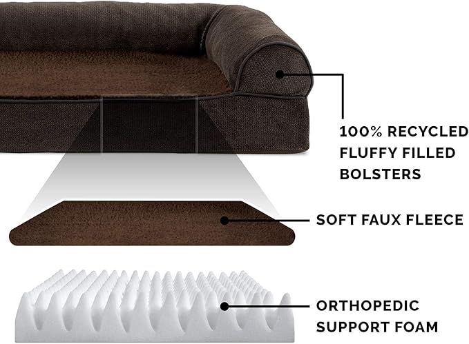 Furhaven Orthopedic Dog Bed for Large Dogs w/ Removable Bolsters & Washable Cover, For Dogs Up to 95 lbs - Sherpa & Chenille Sofa - Coffee, Jumbo/XL-Mewly Pet