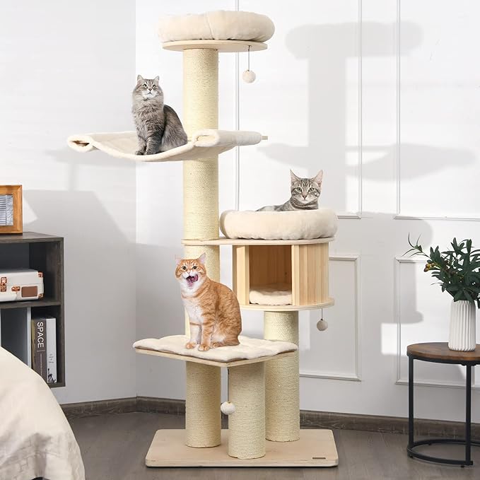 PETSITE 68.5" Tall Cat Tree, Multi-Level Modern Cat Tower with Sisal Scratching Posts, Top Perch, Cat Condo, Hammock, Jingling Balls, and Washable Cushions, Cat Tree Tower for Indoor Cats Large Adult-Mewly Pet