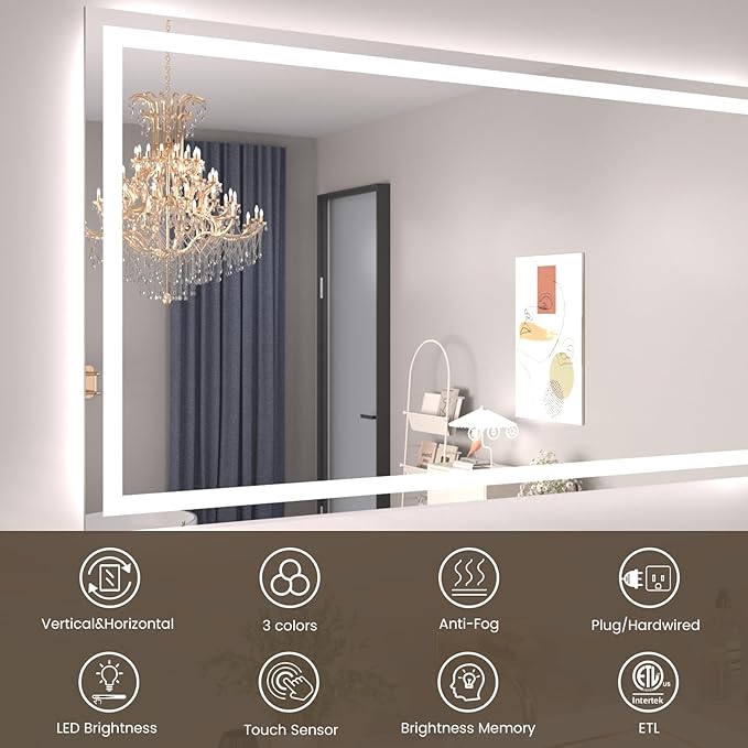 55"X30" LED Bathroom Mirror with Front Lights and Backlit, Anti-Fog, Dimmable, Shatter-Proof Tempered Glass, Lighted Bathroom Vanity Mirror for Wall with 3 Colors, Memory Function