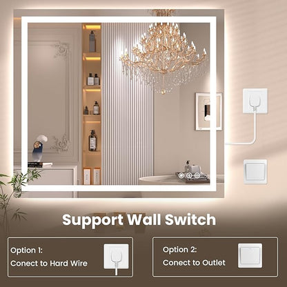 48"X30" LED Bathroom Mirror with Front Lights and Backlit, Anti-Fog, Dimmable, Shatter-Proof Tempered Glass, Lighted Bathroom Vanity Mirror for Wall with 3 Colors, Memory Function