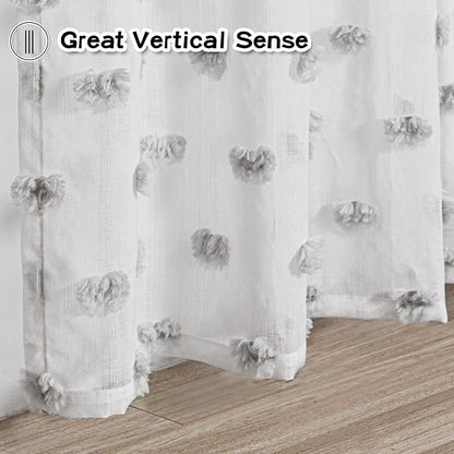 MYSKY HOME Grey Curtains for Bedroom Windows 2 Panels Pom Pom Sheer Curtains 84 Inch Long for Living Room Nursery Kids Room Rod Pocket Boho Farmhouse Dining Room Window Drape 52 x 84 inch