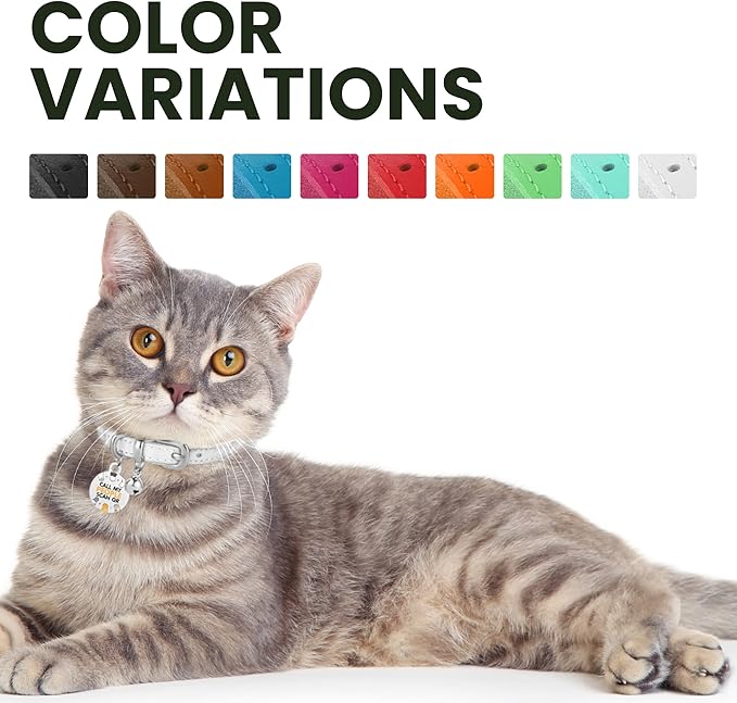 BRONZEDOG Leather Cat Collar with Removable Bells Non Breakaway Kitten QR Tag for Girl Boy (7" - 9" for Cats, White & Silver)-Mewly Pet
