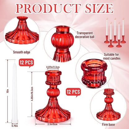 Suclain 24 Pcs Glass Taper Candle Holder Sets 12 Candlestick Holder with 12 White Long Candles for Wedding Party Decor Dinner Decoration(Red)