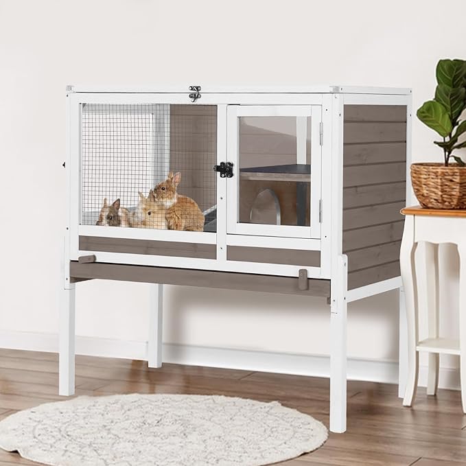 Aivituvin Rabbit Hutch with Stand Wooden Bunny Cage Indoor 2 Story Guinea Pig House with Anti Chew Ramp, No Leak Tray, Hideout, Wire Mesh (Brown)-Mewly Pet