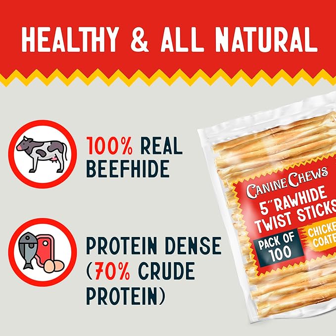 Canine Chews 5" Chicken Coated Sticks - Pack of 100 Chicken Wrapped Rawhide Dog Treats - 100% Real USA-Sourced Chicken Coating - Protein-Dense Chicken Wrapped Dog Treats Rawhide Chews-Mewly Pet