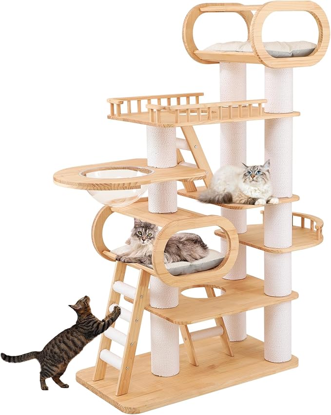 76.8'' Tall Modern Large Cat Tree,Multi-Level Wood Cat Tower for Indoor Cats Large Adults,Luxury Heavy Duty Cat Condo with Cushion,Scratching Posts,Clear Hammock Activity (76.8inch)-Mewly Pet