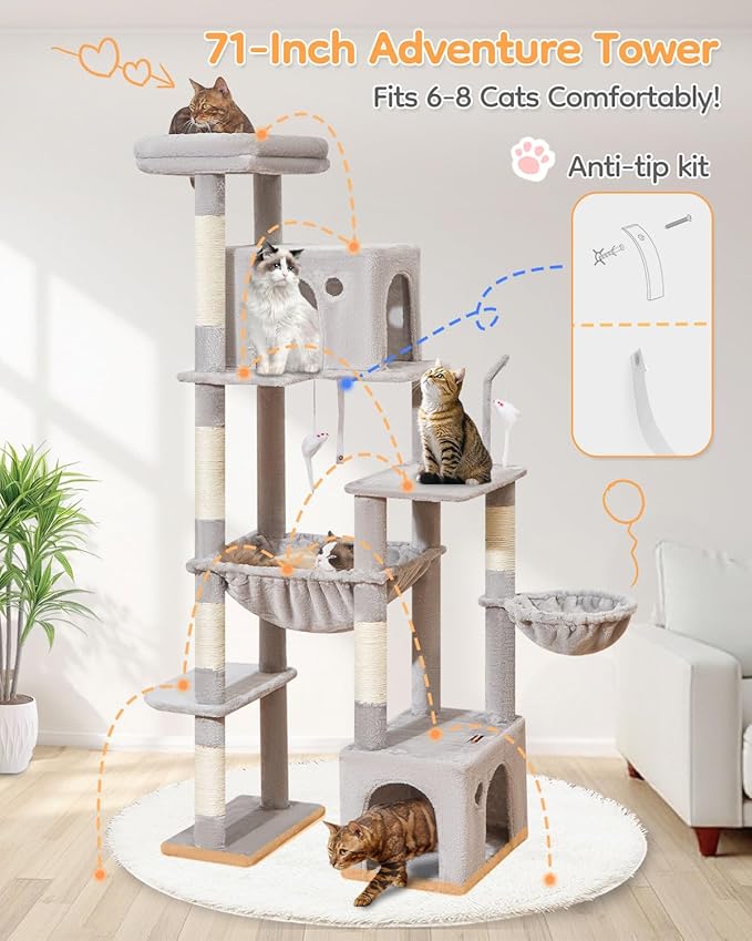 Taoqimiao 71 Inches Cat Tree for Indoor Cats Large Adult, Multi-Level Tall Cat Tower, 2 Cat Condo with 6 Scratching Posts, Super Large Hammcock, Cat Toys, Cozy Basket, Light Gray, MS037W-Mewly Pet
