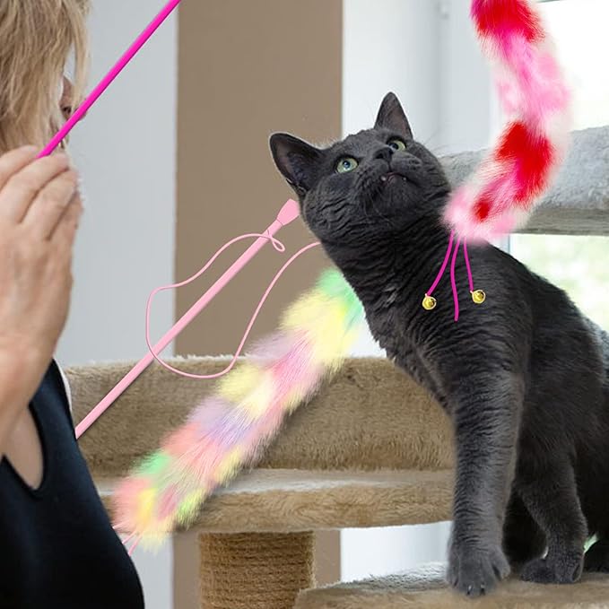 2 Pack Cat Wand Toy, Rainbow Cat Feather Toys with Bells, Teaser Wand with Soft Furry Tail, Interactive Toys for Indoor Cats & Kitten & Kitty-Mewly Pet