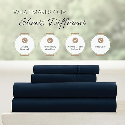 Linen Market Brushed Microfiber Full Sheet Set 4 Piece – Oeko-TEX Certified Ultra Soft & Wrinkle-Free - 16" Deep Pocket Sheets - Easy Care Full Size - Navy