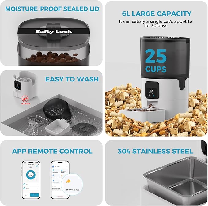 PAPIFEED 5G WiFi Automatic Cat Feeders: Smart Automatic Cat Food Dispenser with Slow Feeding Mode, Detachable for Easy Cleaning, Pet Feeder with Alexa, 1-30 Meals Per Day for Multiple Pets (6L/25 Cup)-Mewly Pet