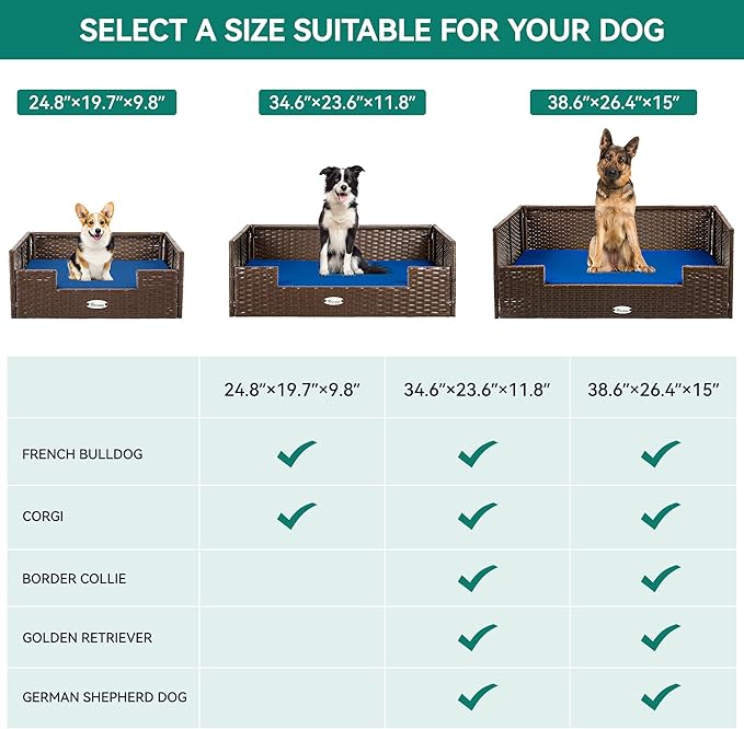 YITAHOME Rattan Dog Sofa Bed with Cushion,Wicker Pet Bed Sofa Couch Indoor Outdoor Water Unaffected for Large Medium Small Dogs Cats (24.8''L*19.7''W*9.8'',Blue)-Mewly Pet