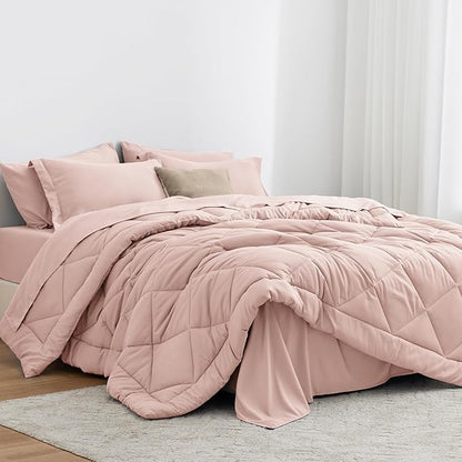 Love's cabin Full Comforter Set Pink, 7 Pieces Full Bed in a Bag, All Season Bedding Sets with 1 Comforter, 1 Flat Sheet, 1 Fitted Sheet, 2 Pillowcase and 2 Pillow Sham