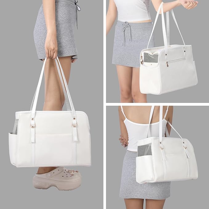 Dog Carrier Purse, Fashion Leather Pet Carrier with Pockets, Airline Approved Soft Sided Dog Carrying Bag for Puppy Cat Dog White-Mewly Pet