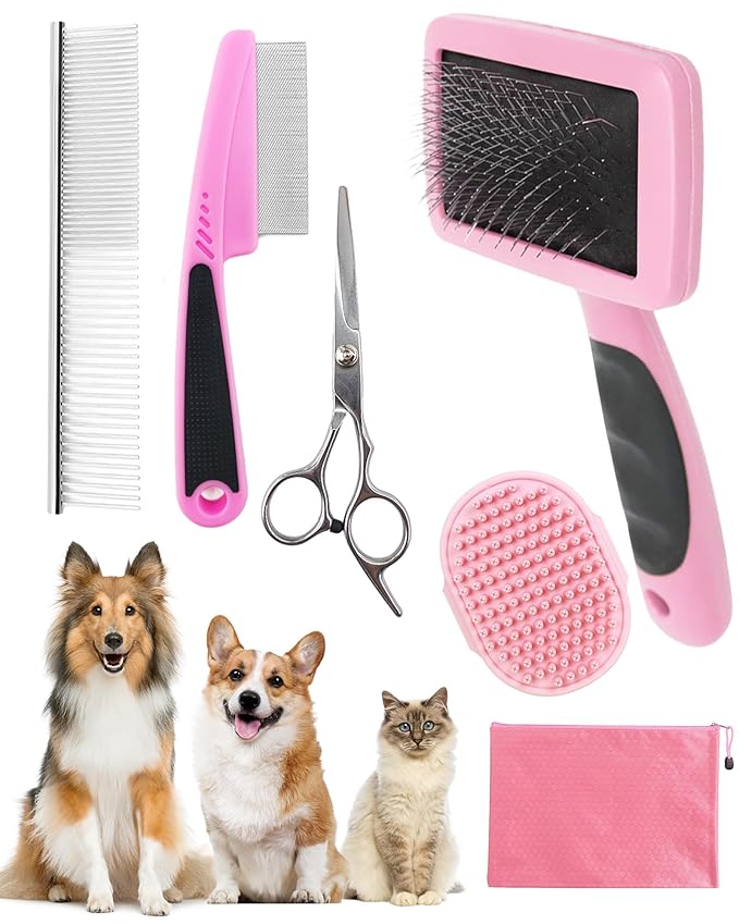 Dog Brush for Shedding Grooming,6 Pack Long-Pin Brush Set for Long Haired Dog Cat Goldendoodles Poodles Doodles Pink-Mewly Pet