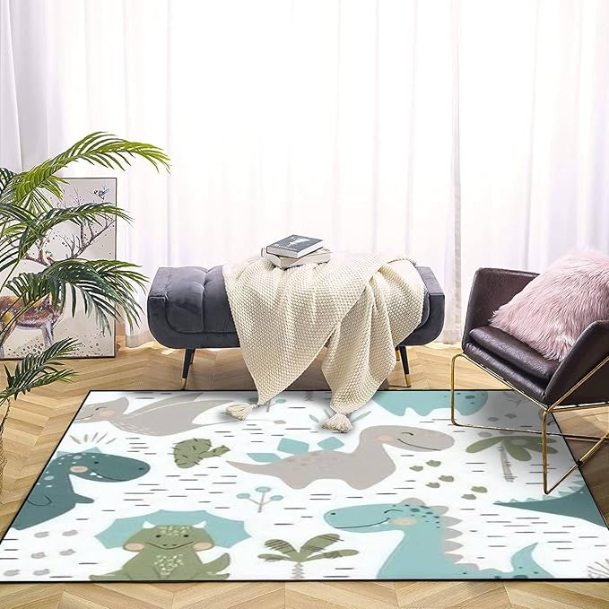 Dinosaur Baby boy Seamless Sweet Dino Palm Cactus Scandinavian Cute Area Rug Outdoor Patio Rug Play Mat Modern Floor Carpet Non-Slip Home Decor Living Room Kids Bedroom Nursery, 3x5 ft