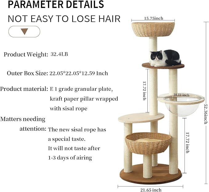 Modern Cat Tree Tower for Large Cats, Real Natural Sisal Luxury Cat Condo, Manual Hand Woven Wood Cat Tower, Indoor Cat Scratching Tree, New Cat Condo Lover Gift-Mewly Pet