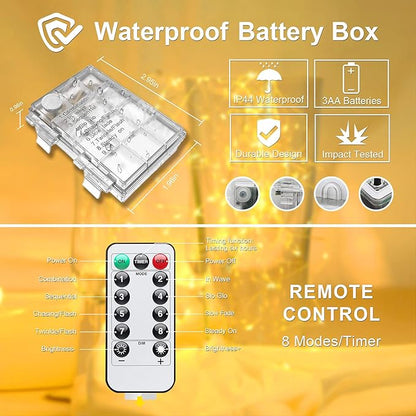 JMEXSUSS 100 LED Battery Operated Rope Lights Outdoor Waterproof, 33ft 8 Modes Battery Powered String Lights with Remote Outdoor for Trampoline Camping Tent Patio Garden Christmas Decor (Warm White)