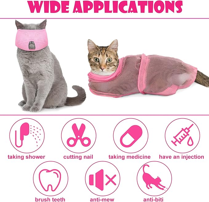 Patelai 5 Pcs Cat Bathing Bag Set Cat Grooming Bag Adjustable Pet Shower Net Muzzles Nail Clipper Tick Remover Tool Massage Brush(Pink)-Mewly Pet