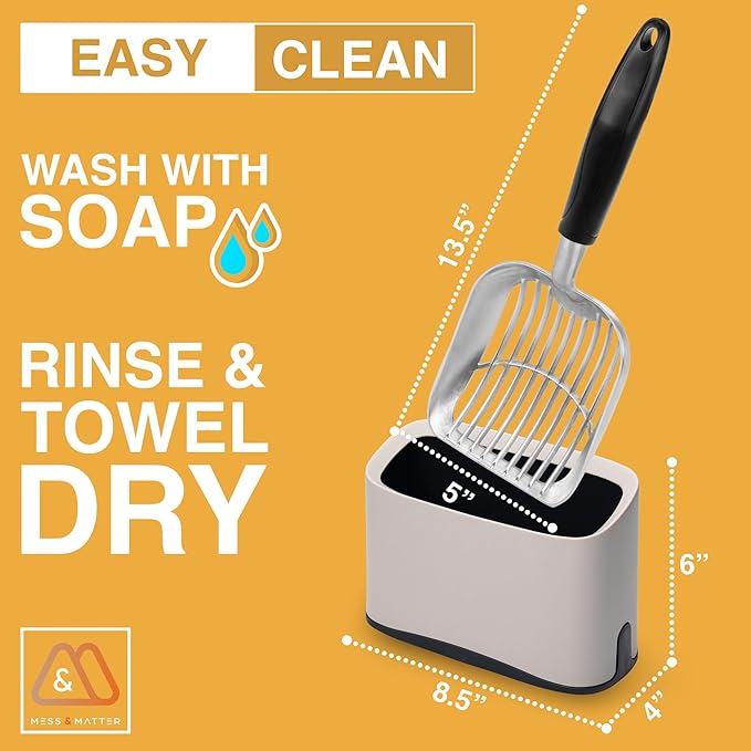 Heavy Duty Full Metal Cat Litter Scoop with Holder - Speed Sifter Litter Box Scooper Captures All Clumps - Kitty Litter Sifting Shovel Comfy Handle - Cat Scooper Includes Litter Bags & Non-Slide Clip-Mewly Pet