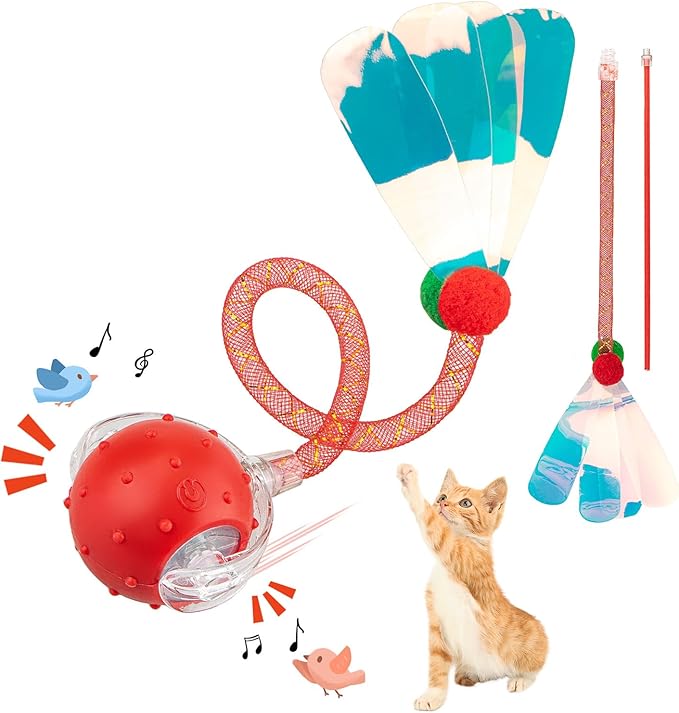 Interactive Cat Toys Ball for Indoor Cats, Automatic Agile Rolling Cat Ball with Elastic Mesh Tail, Bird Chirping & Motion Activated, 2 Tail Accessories, Kitten Toy for Bored (Red)-Mewly Pet