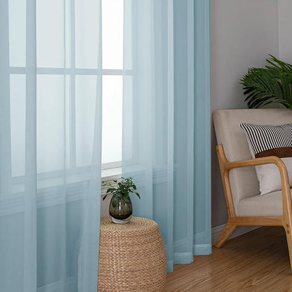 OWENIE Sheer Curtains 96 inches Long for Bedroom Living Room, Solid Light Filtering Fimly Sheer Curtains with Rod Pocket Top, Soft Sheer Long Curtains, Each 42Wx96L inch, Sky Blue