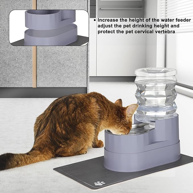 Sfozstra Automatic Gravity Water Dispenser: 5L Gray Stainless Steel Pet Bowl Waterer with Waterproof Pad - Raised Edge Water Feeder for Cats & Small Dogs Indoor/Outdoor-Mewly Pet