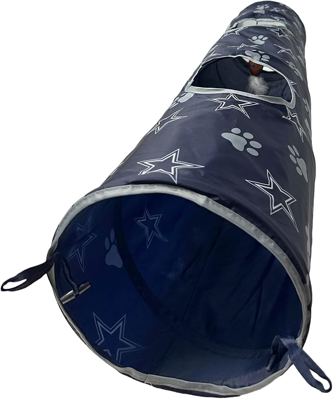 NFL Dallas Cowboys Cat Tunnel Tube Toy with Plush Football Catnip and Feathers Collapsible Tunnel for Cats to Play, Peek and Hide, Sporty & Fun Cat Tunnel Toy with Team Logo All-Over Design!-Mewly Pet
