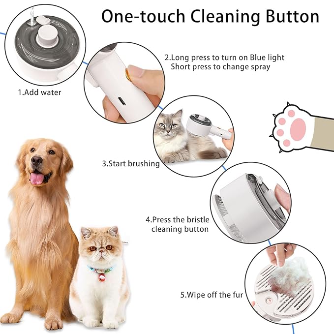 Cat Steam Brush For Shedding, Steamy Dog Grooming Brush With 2-Speed Spray, Blue Light And Release Button, Rechargeable Water Pet Hair Brushes Wet Self Cleaning Cat Spa Brush Cat Comb (White)-Mewly Pet