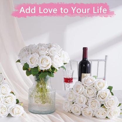 BLEUM CADE 100 Pcs White Roses Artificial Flowers, Real Touch Velvet Roses Fake Flowers Bulk, Artificial Roses Bouquet with Long Stems Bridal DIY Wedding Party Centerpiece Decorations