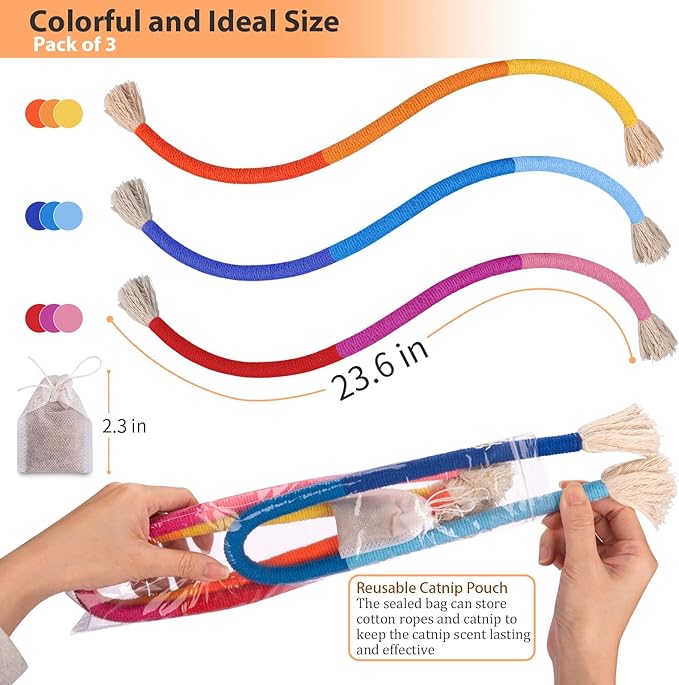 Retro Shaw Cat Toys Chew Ropes, Catnip Rope Toys for Indoor Cats Kitten, Safe Cat String Kitten Chew Teething Toy Kitty Nip Kicker - Pack of 3, 23.6 Inches-Mewly Pet