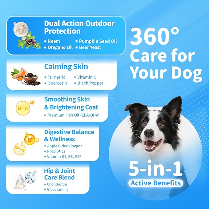 Dog Flea and Tick Support Chewable, Natural Dog Flea Comfort Supplement, Oral Chews with Neem, Oregano Oil, Pumpkin Seed Oil & Brewer's Yeast – 135 Soft Chews, Chicken Flavor – for All Breeds & Sizes-Mewly Pet