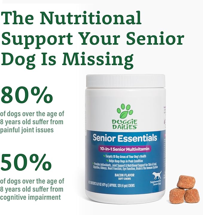Doggie Dailies Senior Essentials Multivitamin for Dogs Soft Chews | Advanced Dog Multivitamin | Nutritional Support for Joints, Skin & Coat, Digestion, and the Immune System | Bacon Flavor | 120 Count-Mewly Pet