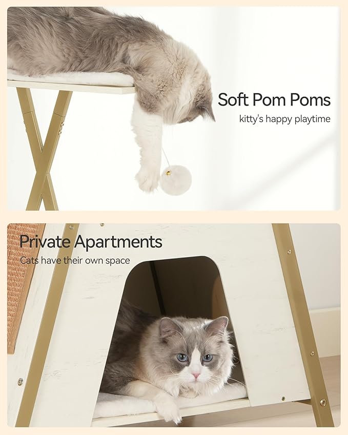 FourFurPets 72.4" Cat Tree, Modern Cat Tower for Indoor Cats, Multi-Level Cat Condo with Caves, Tall Cat Tree with Cat Scratching Board, Wooden Cat Tower with Large Perch, Removable Pads, White-Mewly Pet