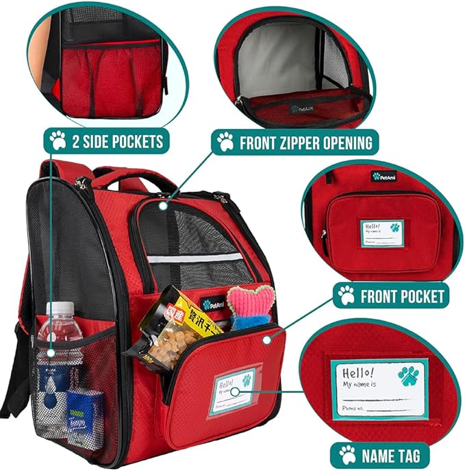 PetAmi Dog Backpack Carrier for Small Large Cat, Pet, Puppy, Ventilated Pet Hiking Backpack Travel Bag, Airline Approved Cat Backpack Carrier, Camping Biking Dog Bag Up to 18lbs Pet, Red-Mewly Pet