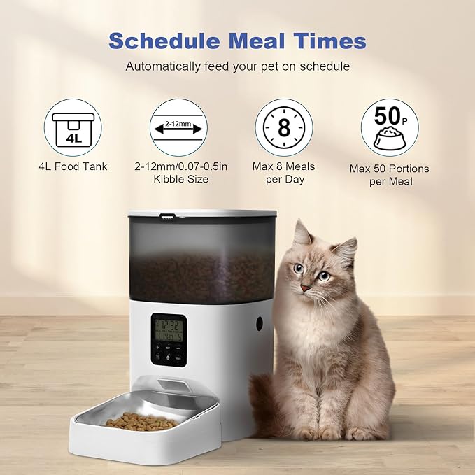 Automatic Cat Feeder, 4L Cat Food Dispenser with 10s Voice Recorder, Pet Feeder up to 8 Meals per Day, Timed Cat Feeder with Dry Food Sealed Ring (Jade White, 4L)-Mewly Pet