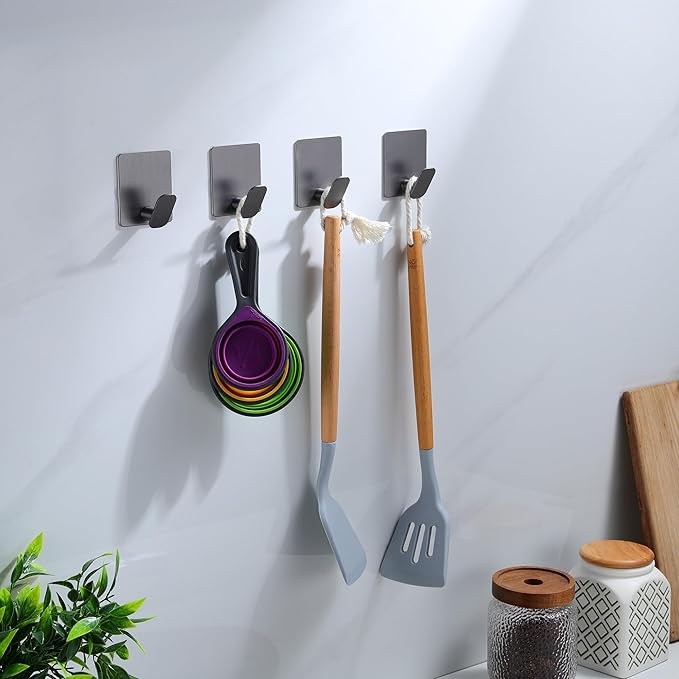 DELITON Towel Hooks for Bathrooms - 4 Pack Adhesive Wall Hooks Heavy Duty No Damage, Coat Robe Sticky Hooks for Hanging Waterproof SUS304 Stainless Steel, Grey