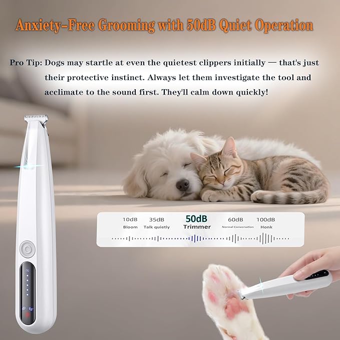 2 Mode Paw Trimmer for Dogs & Cats - Electric Quiet Dog & Cat Grooming Trimmer, Rechargeable Clipper with LED Light, 2 Blades, Waterproof for Paws/Ears/Face-Mewly Pet