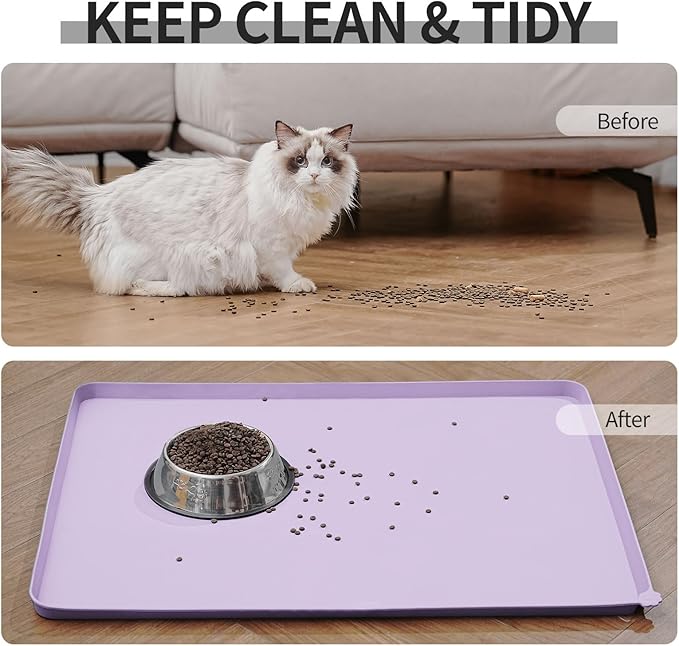 Waterproof Pet Feeding Mat with High Raised Edges, Heavier and Thicker Placemats for Cat Dog Water Bowl with BPA Free, Dogs Cats Food Mats for Messy Drinkers to Prevent Spill and Protect Floors-Mewly Pet