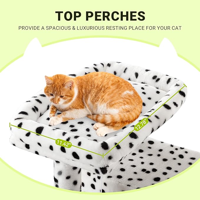 Allewie 64 Inches Cat Tree Tower/Multi-Level Activity Center for Indoor Big Felines/2 Plush Condos/2 Perchs/Basket/House/Sisal Scratching Posts/Hanging Cat Toys/White & Black Spot-Mewly Pet