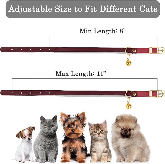 OOPSDOGGY Rolled Leather Cat Collar with Bell - Reflective Kitten Collar with Safety Elastic Strap - Adjustable Small Pet Collars for Boy Girl Cats (Burgundy)-Mewly Pet