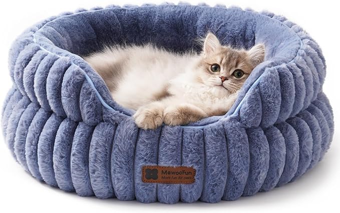 MEWOOFUN Cat Beds for Indoor Cats, Washable Dog Bed for Small Dogs, Round Pet Bed for Puppy and Kitten with Anti-Slip Bottom (Blue, 20"x20"x8")-Mewly Pet