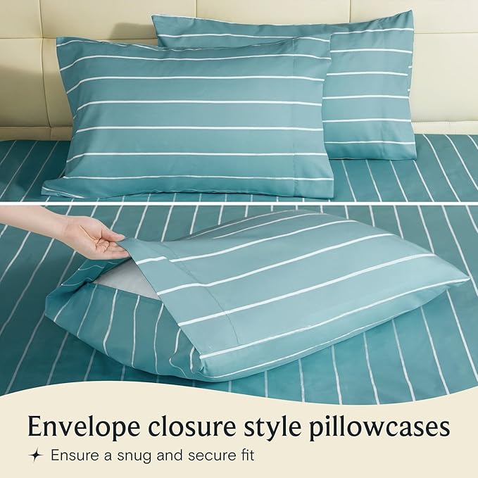 LuxClub 4 PC Queen Size Sheet Set Bed Sheets, Breathable Luxury Deep Pockets 16" Wrinkle Free Cooling Sheets Machine Washable Hotel Bedding (Queen, Striped Light Blue)